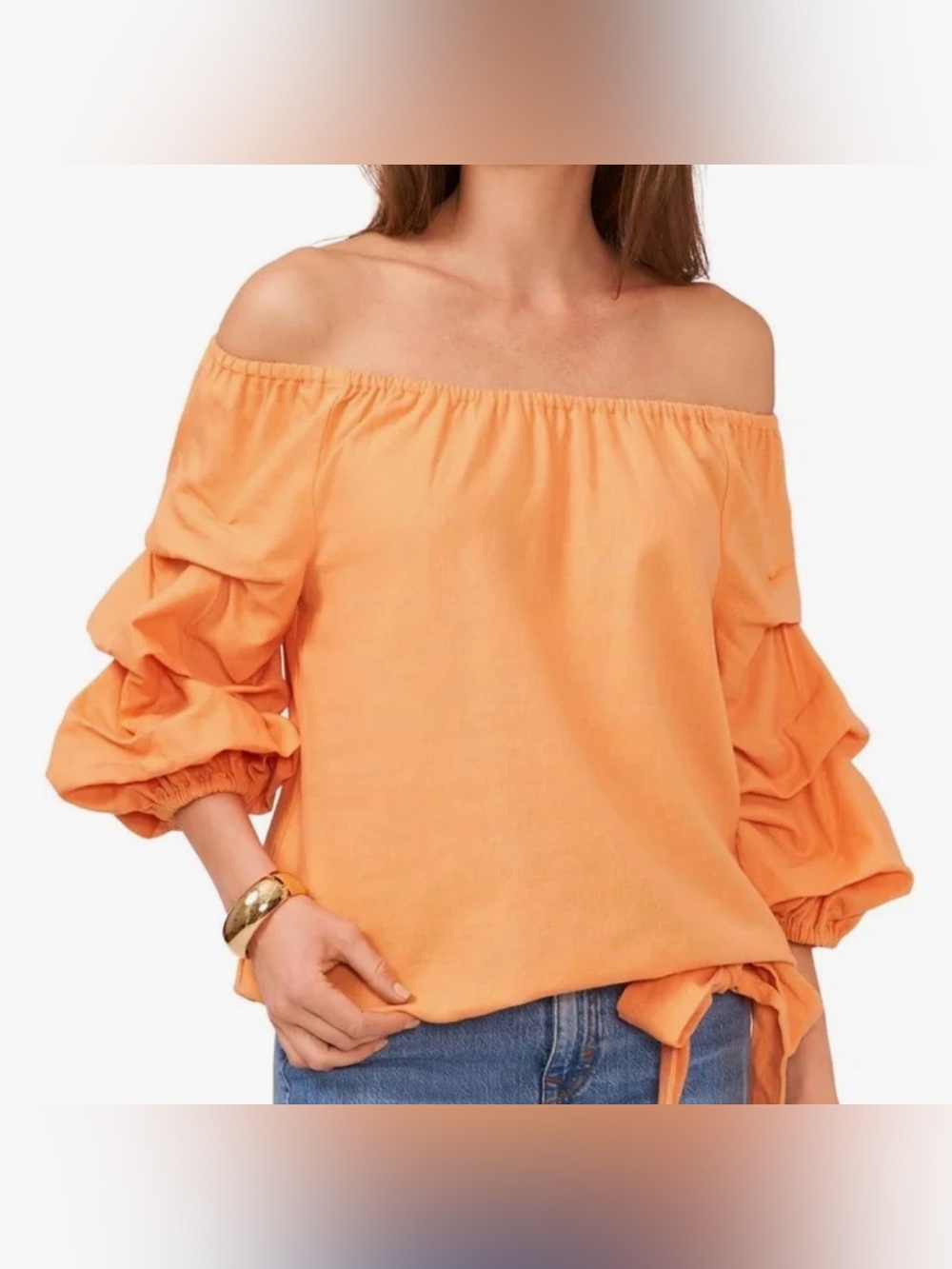 NWT Vince Camuto Orange Off-Shoulder Linen Blend Ruffle Sleeve Top Size M